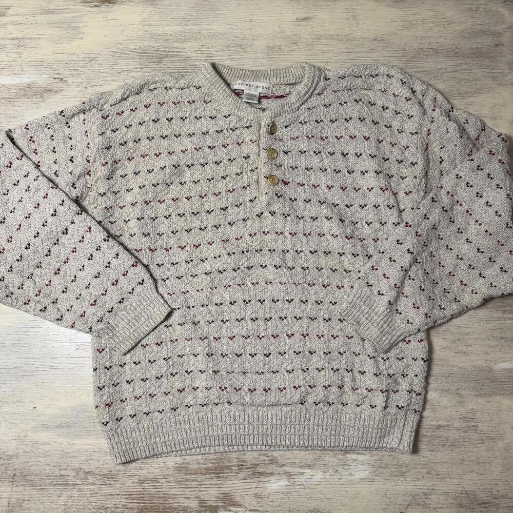 EUC Men’s Geoffrey Beene Red Green Tan Vintage 90s Henley Sweater Size Medium